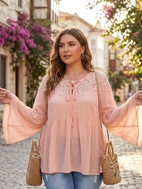 Decree Blush Lace Yoke Tie-Front Peasant Blouse• XL